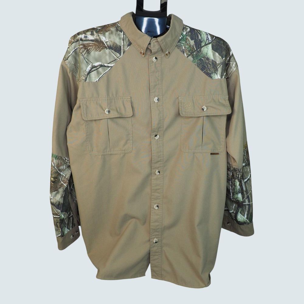 Legendary Whitetails Mens XL Camo Accent Hunting Shirt Tan Long Sleeve